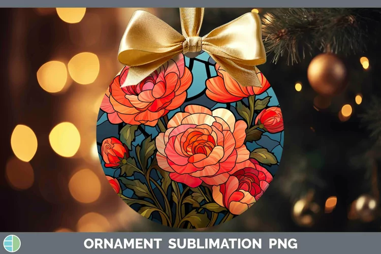 Stained Glass Flowers Ranunculus Ornament Sublimation Bauble