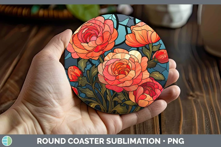 Stained Glass Flowers Ranunculus Round Coaster Sublimation C