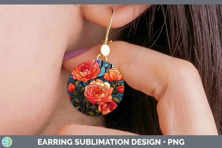 Stained Glass Flowers Ranunculus Round Earrings Sublimation