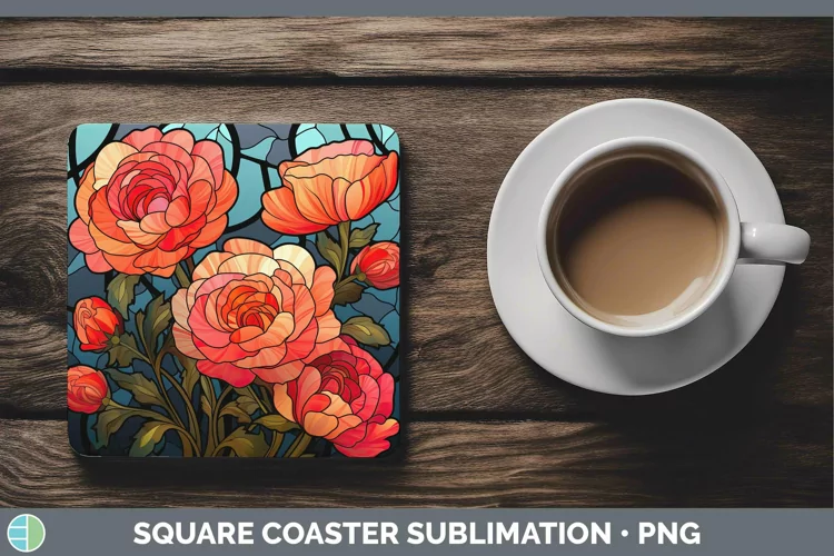 Stained Glass Flowers Ranunculus Square Coaster Sublimation