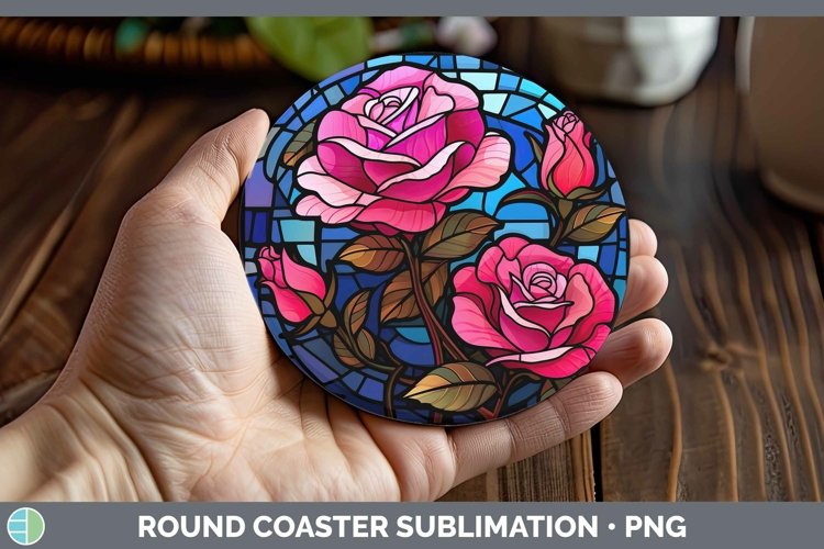 GorgeousStained Glass Flowers Round Coaster design.