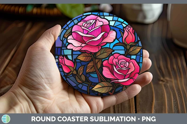 Stained Glass Flowers Rose Round Coaster Sublimation Coaster