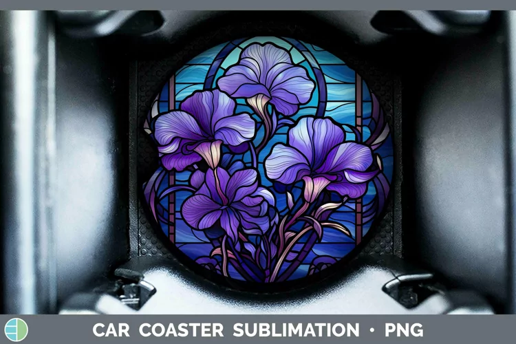 Stained Glass Flowers Violet Car Coaster Sublimation Coaster