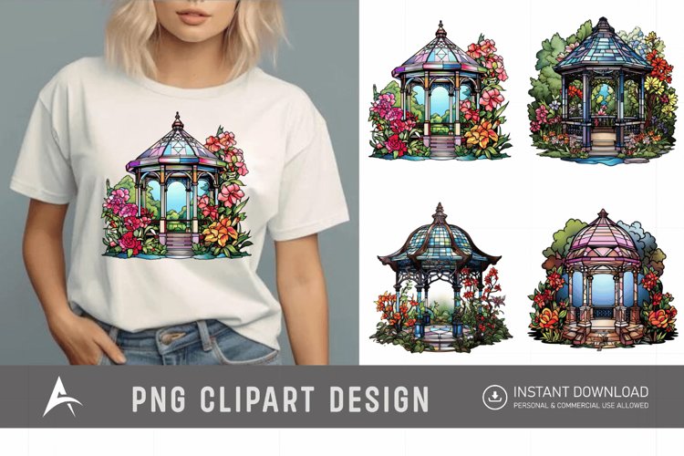 Watercolor Stained Glass Garden Gazebo Clipart