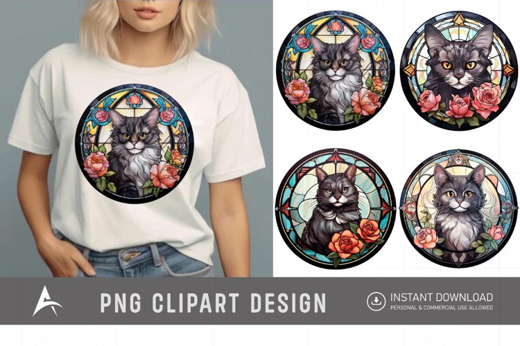 Watercolor Stained Glass Gothic Cat Clipart