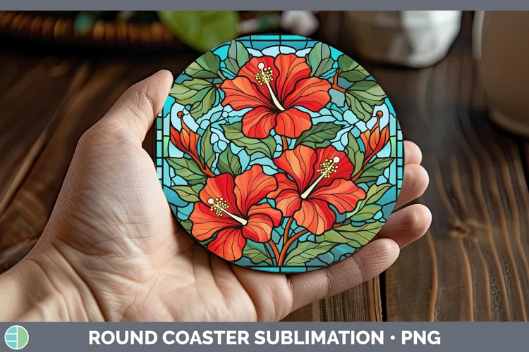 Stained Glass Hibiscus Round Coaster Sublimation Coaster Des