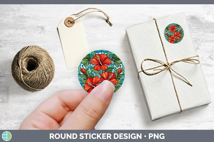 Stained Glass Hibiscus Stickers | Round Labels Designs