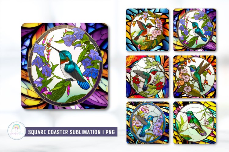 Stained Glass Hummingbird Square Coaster Sublimation Designs example image 1