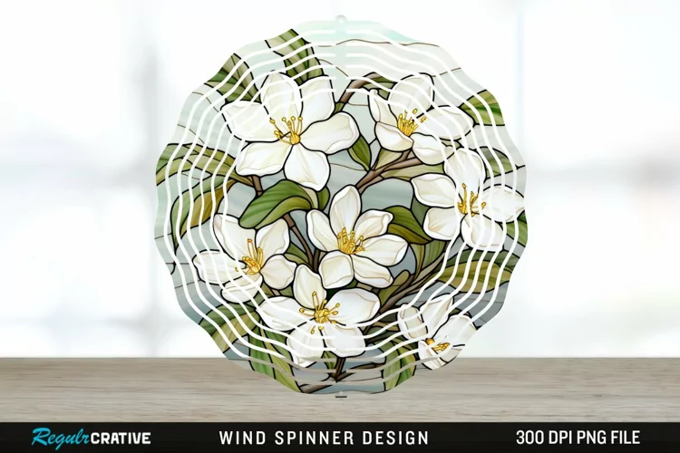Stained Glass Jasmine Flowers Wind Spinner Sublimation PNG