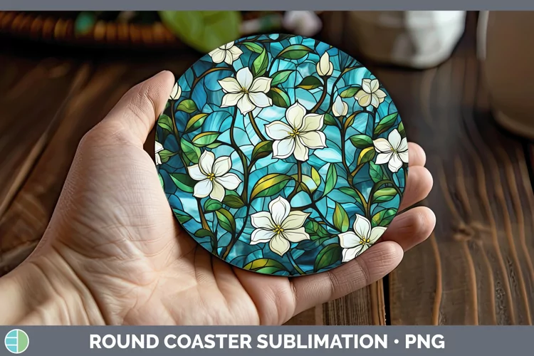 Stained Glass Jasmine Round Coaster Sublimation Coaster Desi