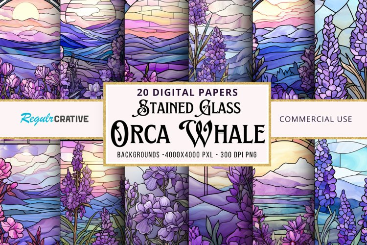 Stained Glass Lavender Flower Field Watercolor Bundle example image 1