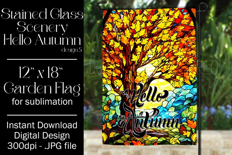 Hello Autumn 12x18 Garden Flag, Stained Glass Sublimation