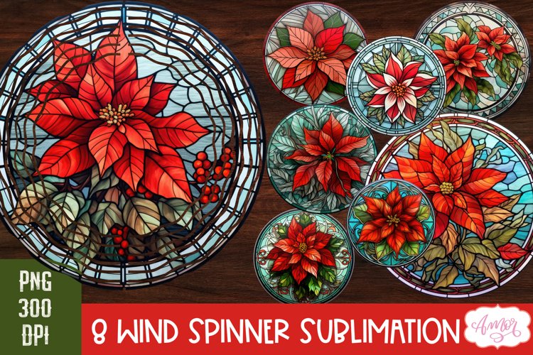 Stained glass Poinsettia wind spinner Christmas PNG Bundle example image 1
