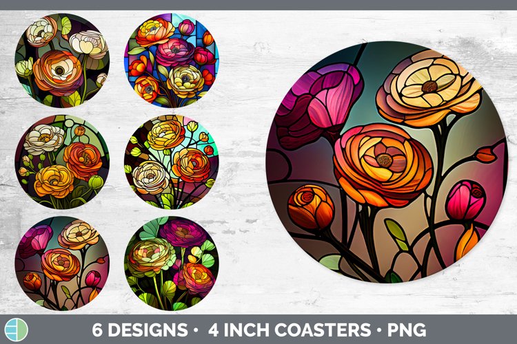 Stained Glass Ranunculus Flowers Round Coaster | Sublimation