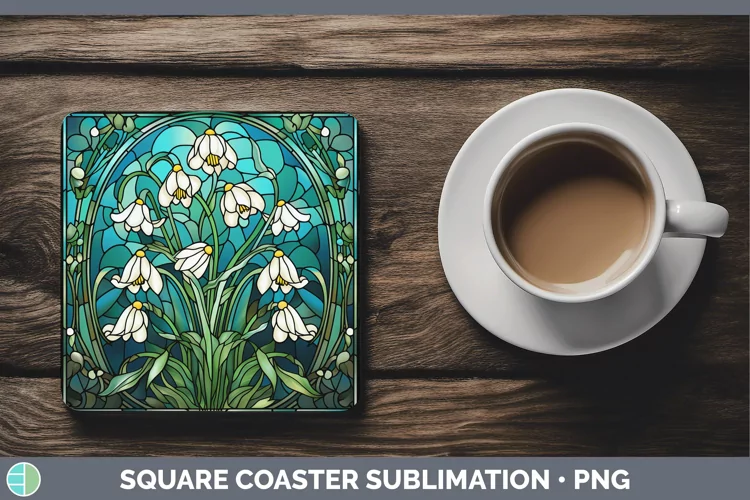 Stained Glass Snowdrop Square Coaster Sublimation Coaster De