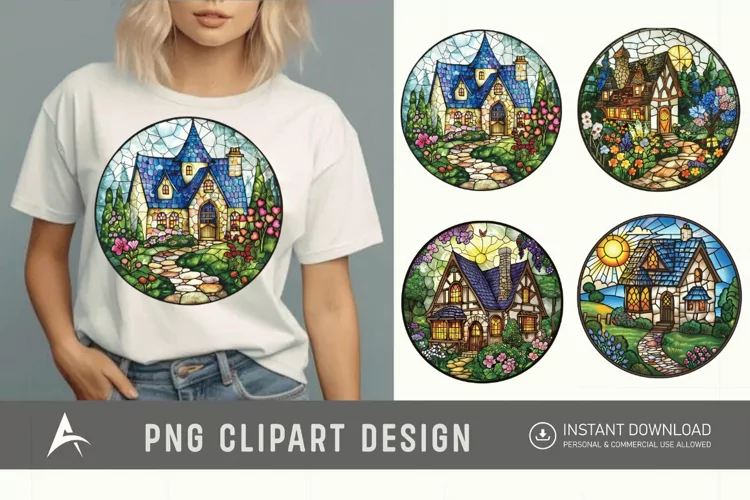 Watercolor Stained Glass Spring Cottage Clipart