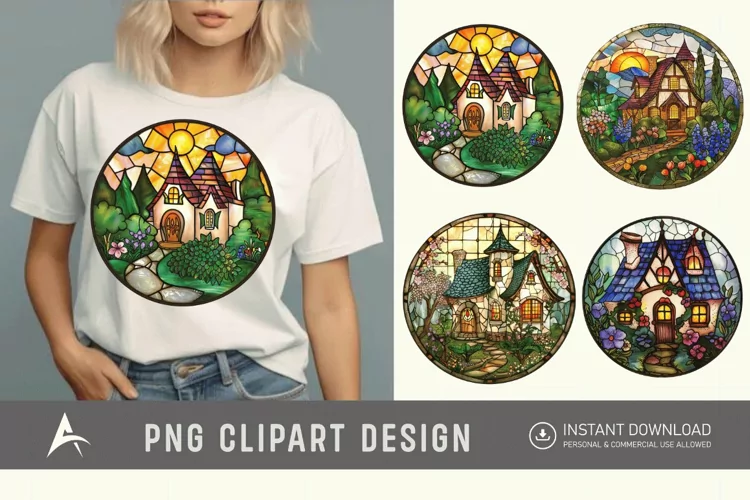 Watercolor Stained Glass Spring Cottage Clipart