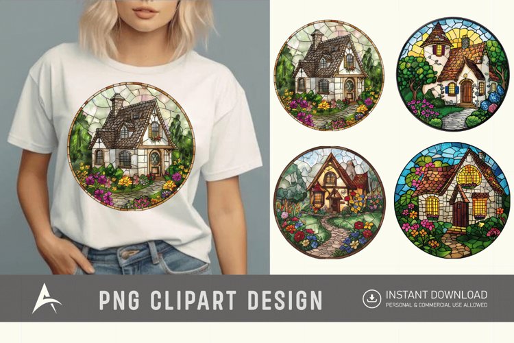 Watercolor Stained Glass Spring Cottage Clipart
