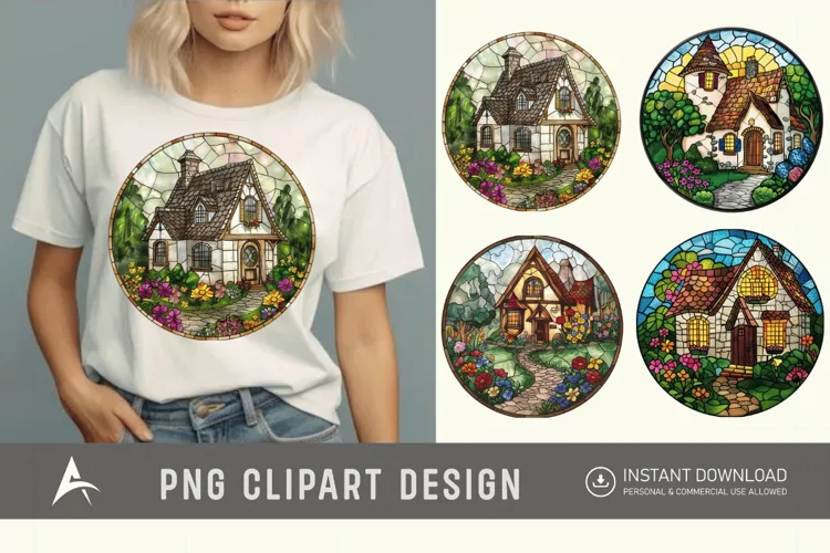 Watercolor Stained Glass Spring Cottage Clipart
