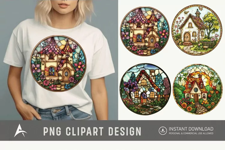 Watercolor Stained Glass Spring Cottage Clipart