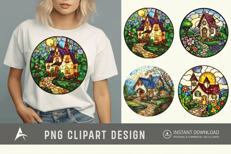 Watercolor Stained Glass Spring Cottage Clipart