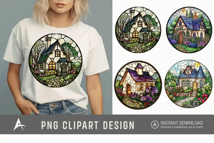 Watercolor Stained Glass Spring Cottage Clipart