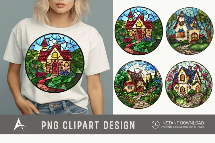 Watercolor Stained Glass Spring Cottage Clipart