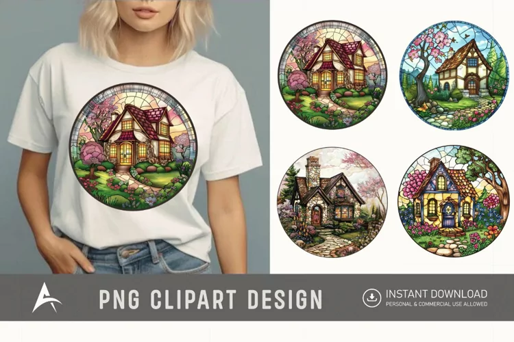 Watercolor Stained Glass Spring Cottage Clipart