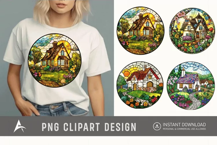Watercolor Stained Glass Spring Cottage Clipart