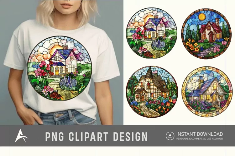 Watercolor Stained Glass Spring Cottage Clipart