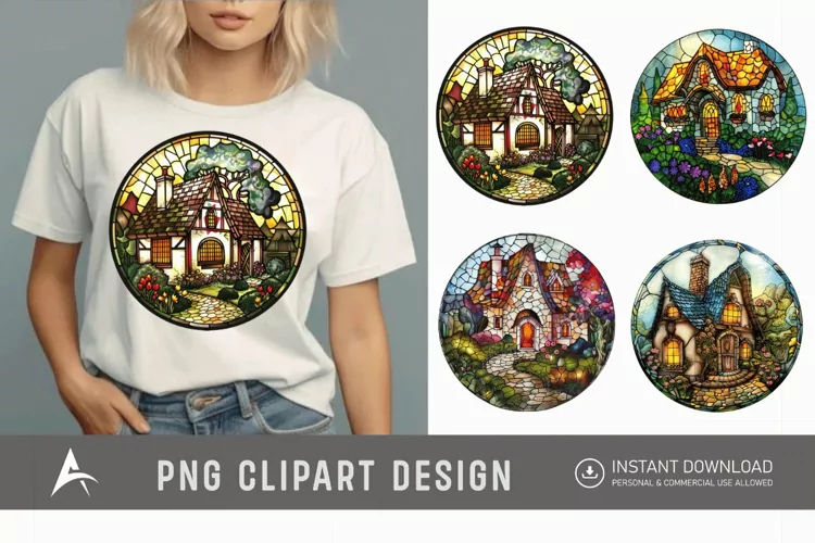 Watercolor Stained Glass Spring Cottage Clipart
