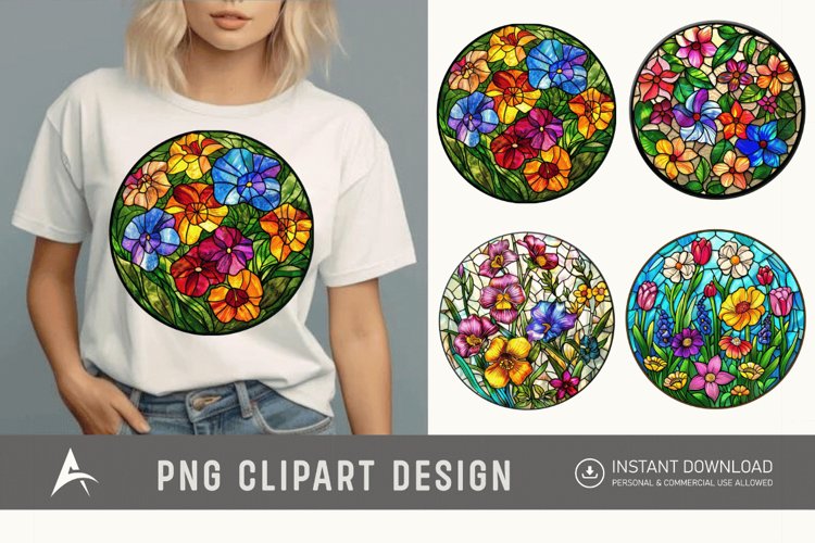 Watercolor Stained Glass Spring Flowers Clipart