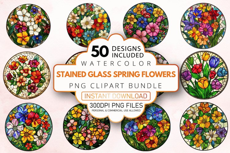 Watercolor Stained Glass Spring Flowers Clipart Bundle example image 1