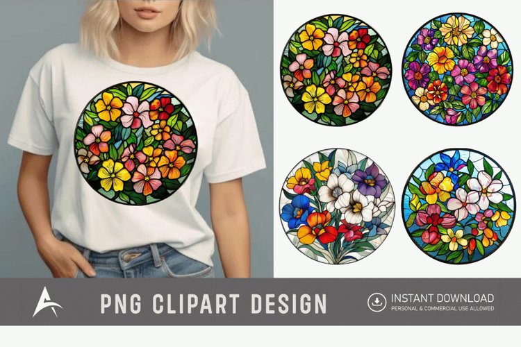 Watercolor Stained Glass Spring Flowers Clipart