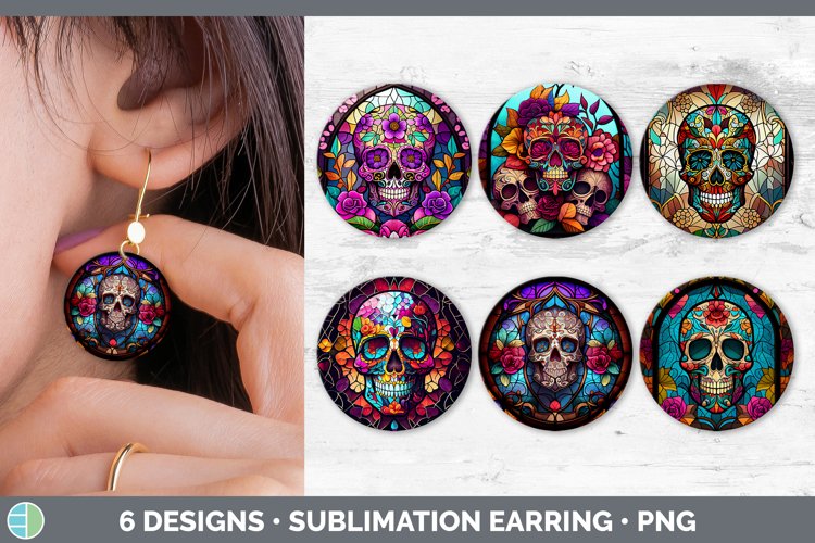 Stained Glass Sugar Skulls Round Earrings | Sublimation Earr