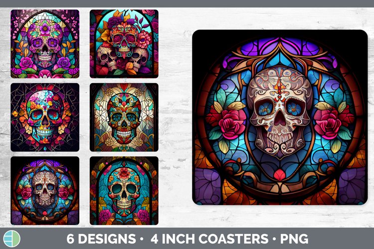 Bundle of six Painted Glass Sugar  Skulls Square Coaster designs.