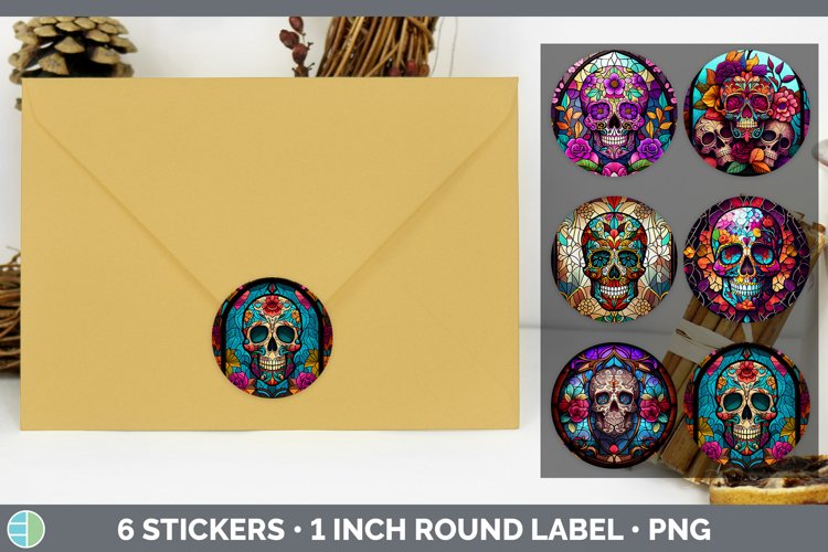 Stained Glass Sugar Skulls Stickers | Round Labels Designs B