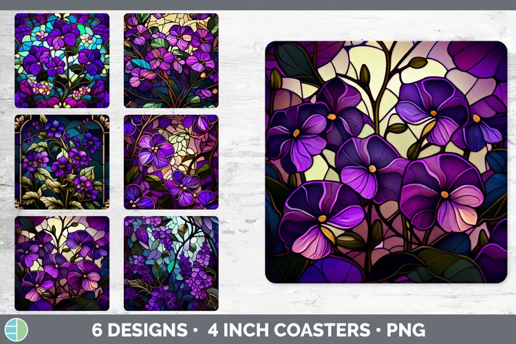 Bundle of six Watercolor Violets Square Coaster designs.