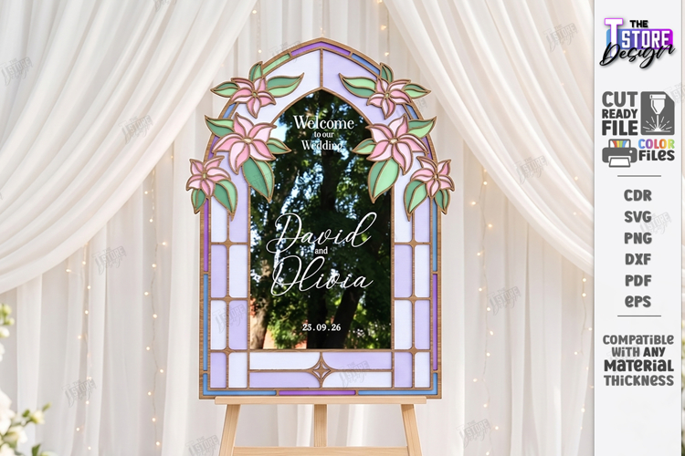 Stained Glass Wedding Welcome Sign Laser Cut | Floral Design
