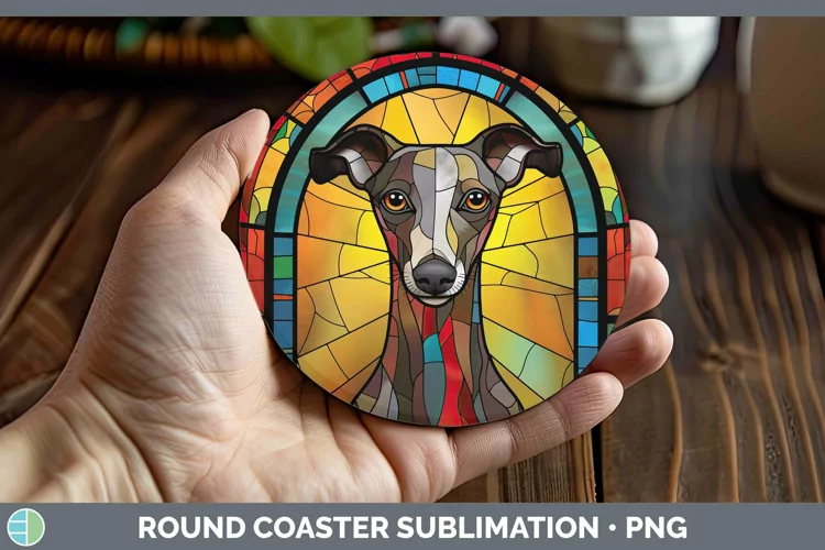 Stained Glass Whippet Round Coaster Sublimation Coaster Desi