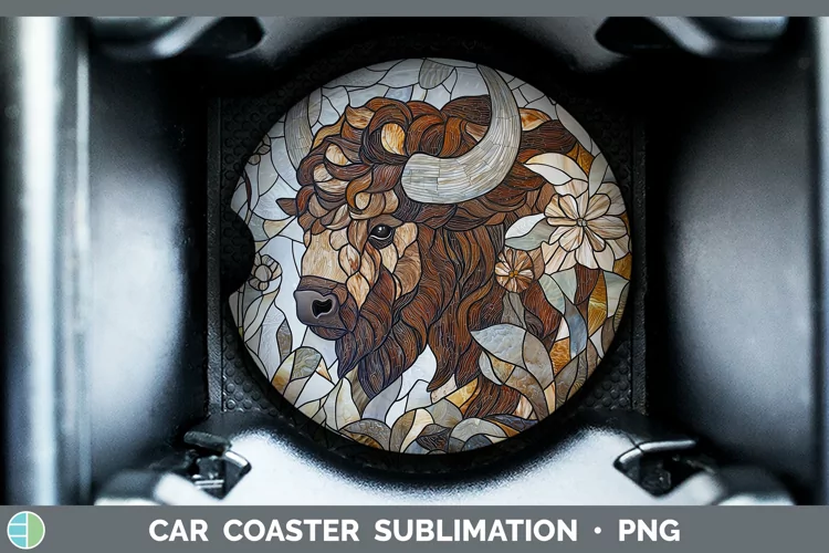 Stained Glass Woodland Bison Car Coaster Sublimation Design