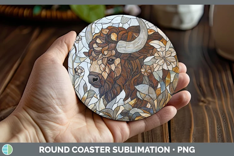 Stained Glass Woodland Bison Round Coaster Sublimation Coast