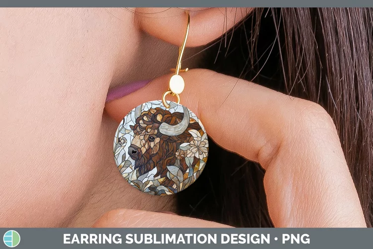 Stained Glass Woodland Bison Round Earrings Sublimation Earr