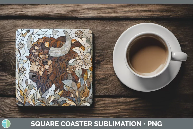 Stained Glass Woodland Bison Square Coaster Sublimation Coas