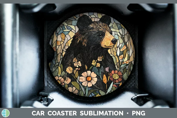 Stained Glass Woodland Black Bear Car Coaster Sublimation D