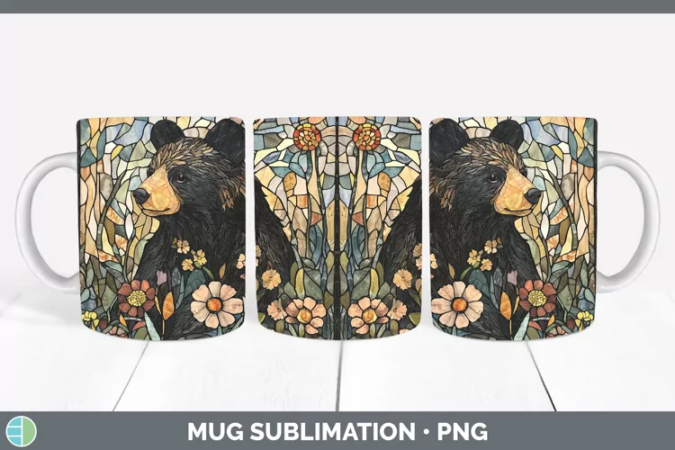Stained Glass Woodland Black Bear Mug Wrap Sublimation Coffe