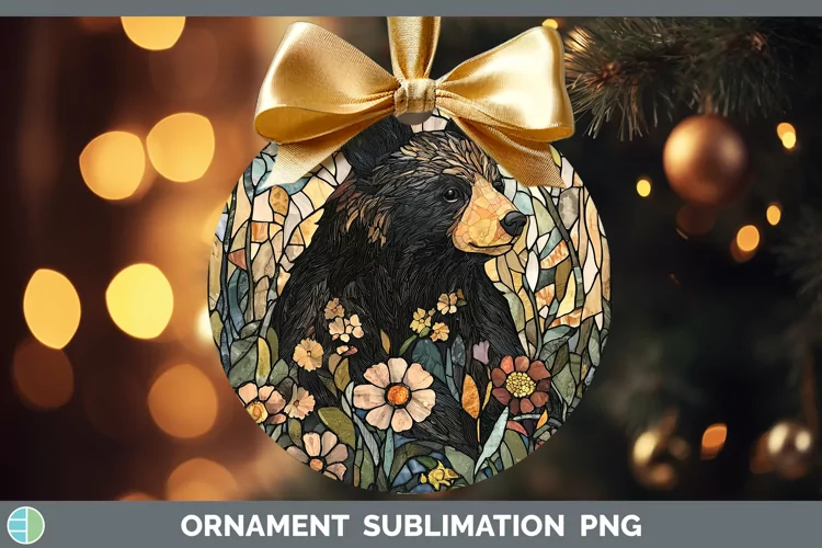 Stained Glass Woodland Black Bear Ornament Sublimation Baubl