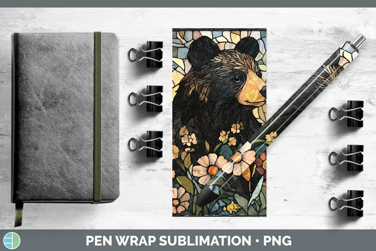 Stained Glass Woodland Black Bear Pen Wrap Sublimation Pen D