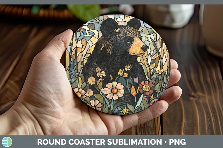 Stained Glass Woodland Black Bear Round Coaster Sublimation