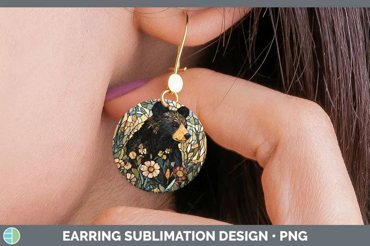 Stained Glass Woodland Black Bear Round Earrings Sublimation